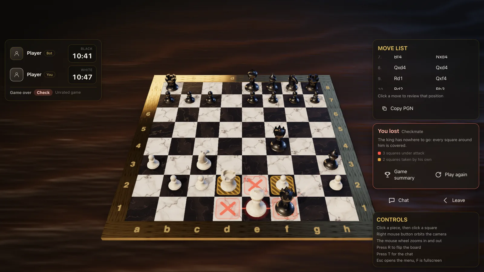A game against the bot: player clocks, move list and a check on the board