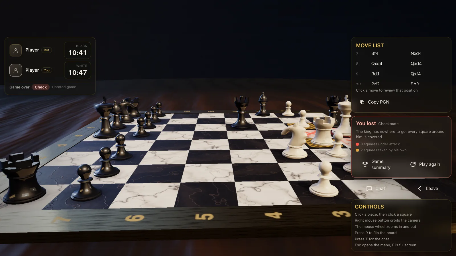 A low camera angle over the board: black pieces in the foreground, white pieces in the distance
