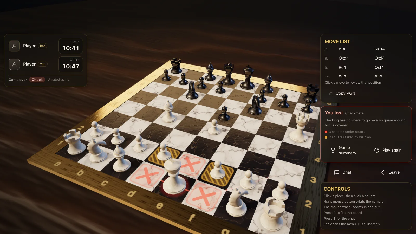 Checkmate breakdown: a red cross on an attacked square and hatching on squares blocked by the king's own pieces