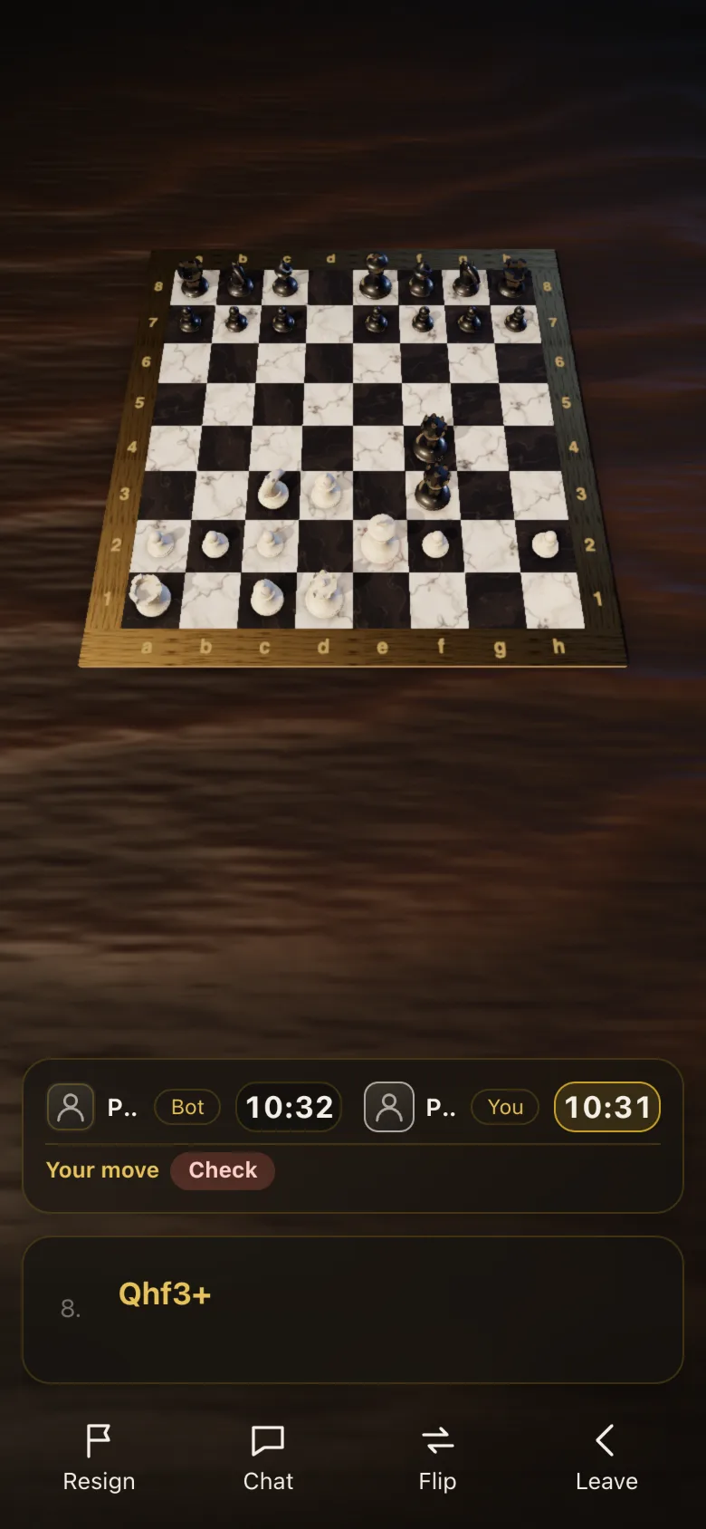 A game on a phone: the board on top, clocks and move list below